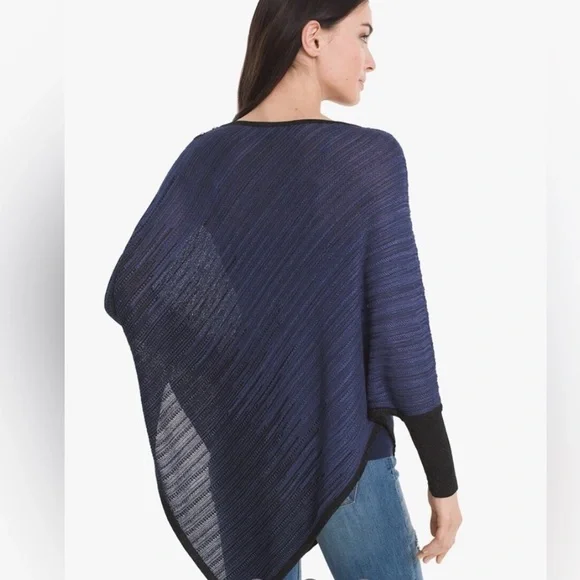 WHBM Size S/M Open Knit Asymmetrical Hem Poncho Sweater Black & Blue - Picture 9 of 10